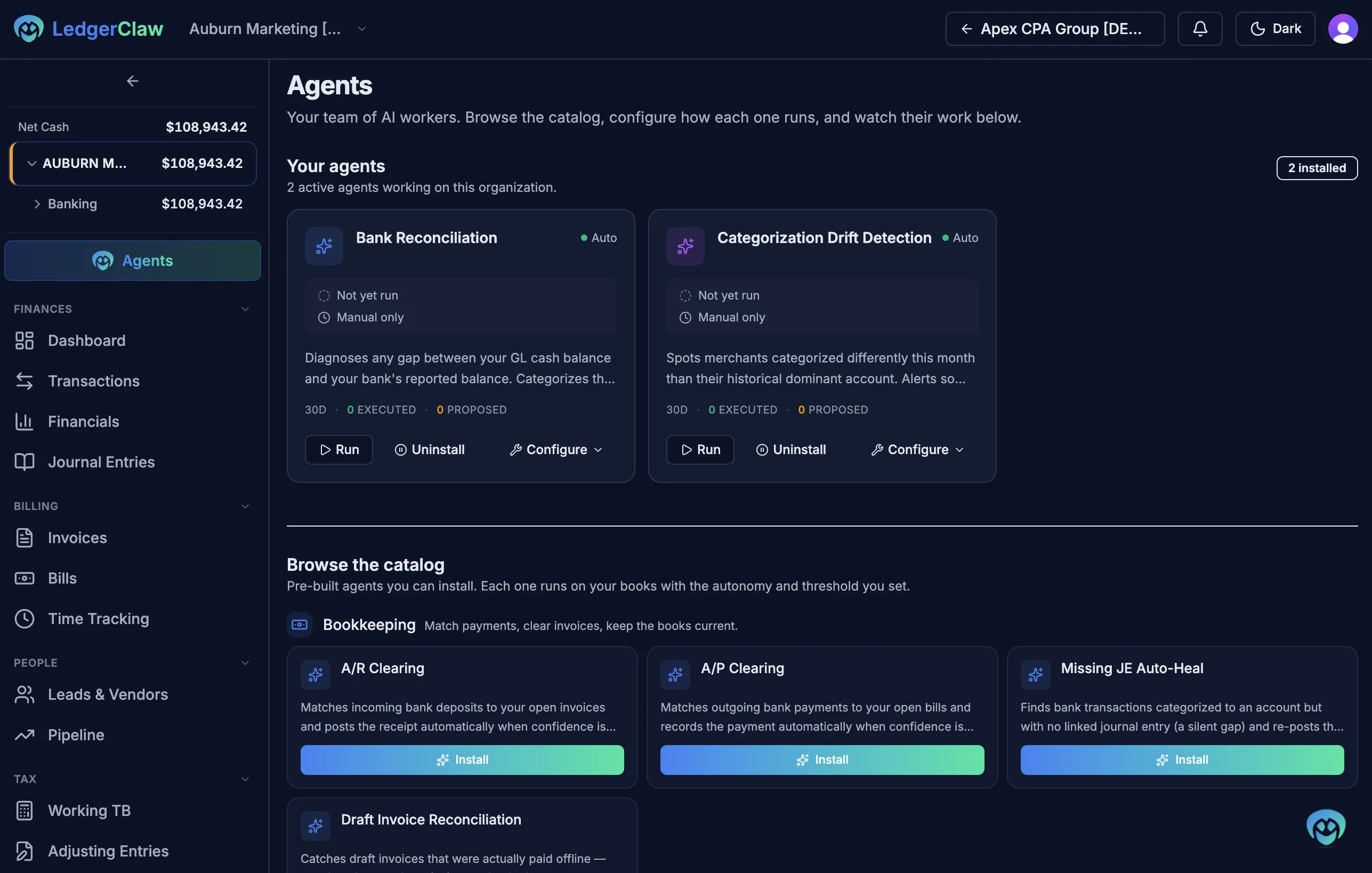 LedgerClaw Agents page: installed agents and an installable catalog of AI workers