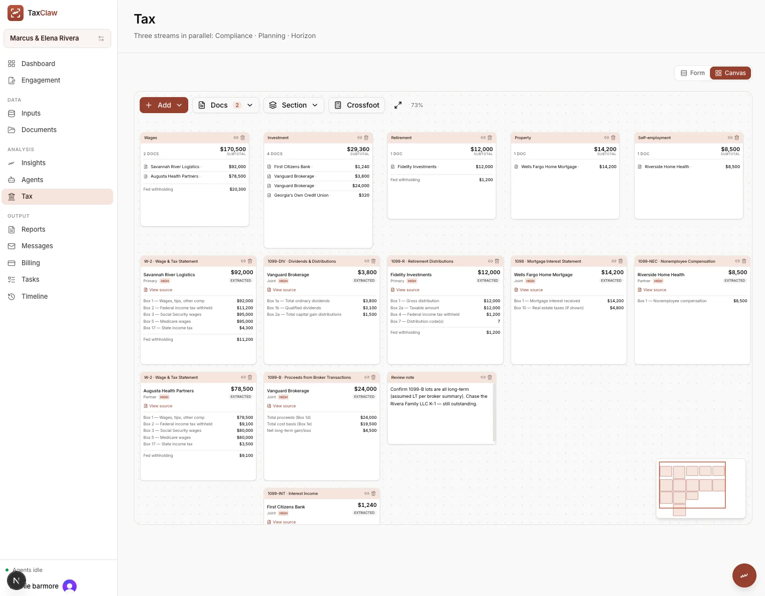TaxClaw canvas view: an infinite-canvas workpaper of W-2, 1099, and mortgage documents with subtotals and a crossfoot